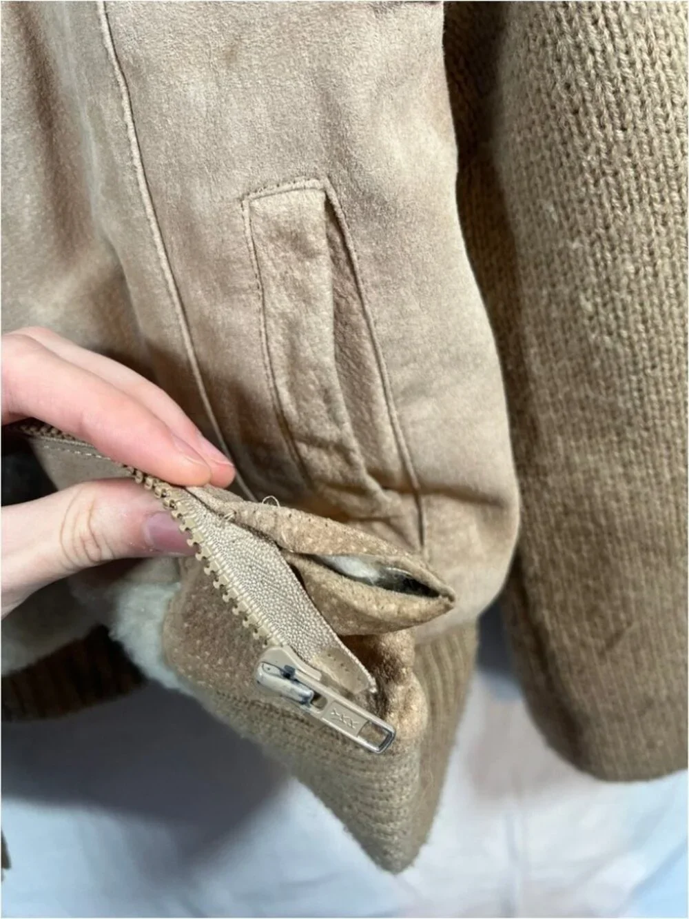 Vintage Noroic Knit Bomber Jacket Tan Pigskin Leather Faux‎ Shearling Lined